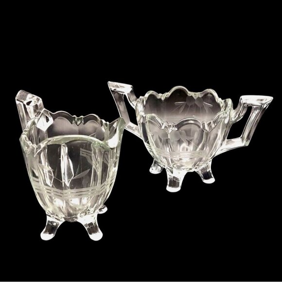 Early American Pressed Glass Floral Etched Creamer & Open Sugar Set EAPG - Picture 1 of 8